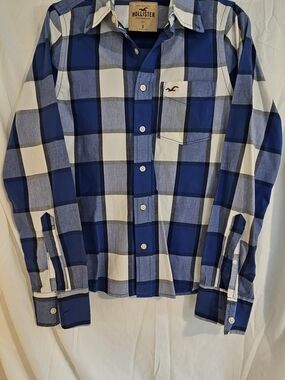 Hollister Blue and White Large Check Button-Down Shirt